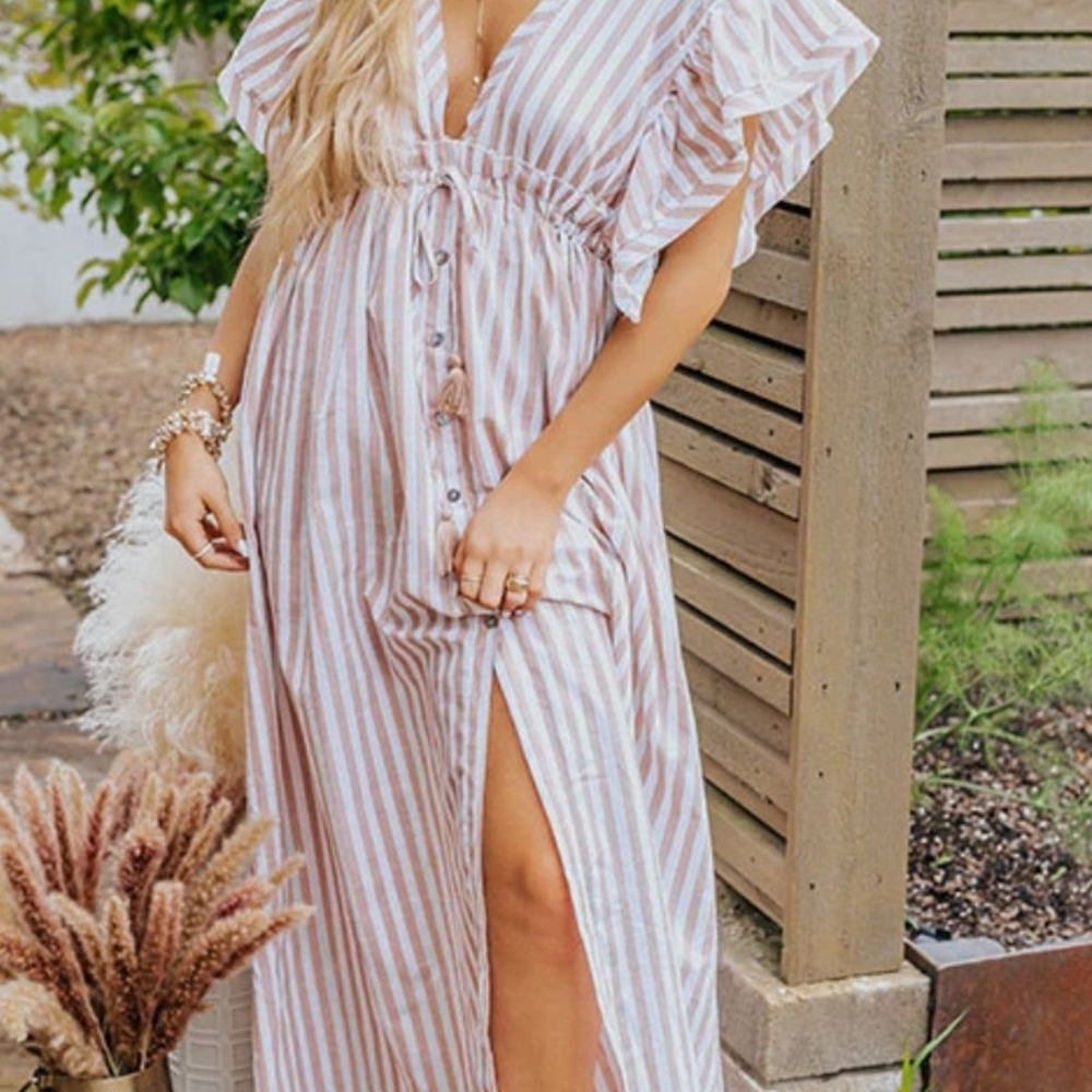 Aakaa White and Pink Ruffled Maxi Sundress